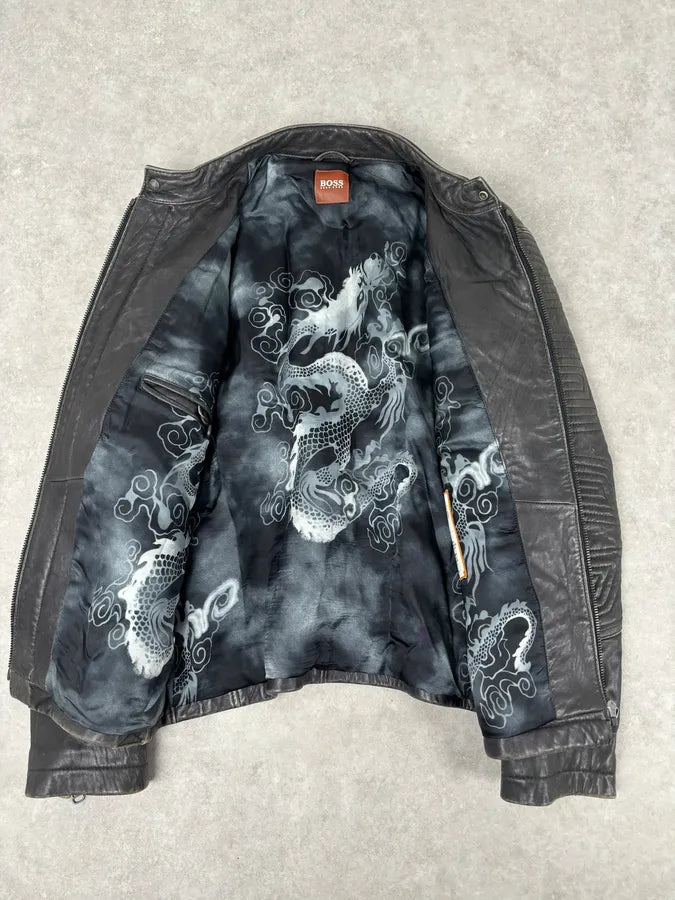 Hugo Boss Dark Grey Leather Blouson Padded Moto Jacket Fgkrrcx 6