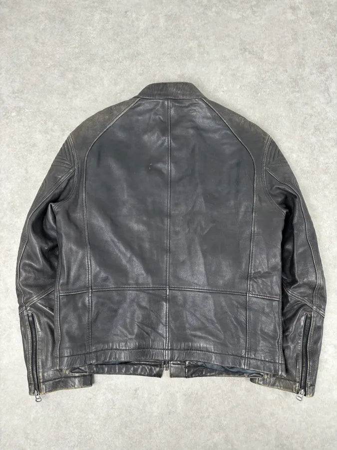 Hugo Boss Dark Grey Leather Blouson Padded Moto Jacket Fgkrrcx 4