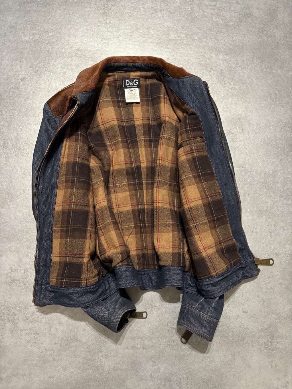 FW2005 Dolce & Gabbana Pony Hair Brown Denim Structured Biker Jacket (L) - 8
