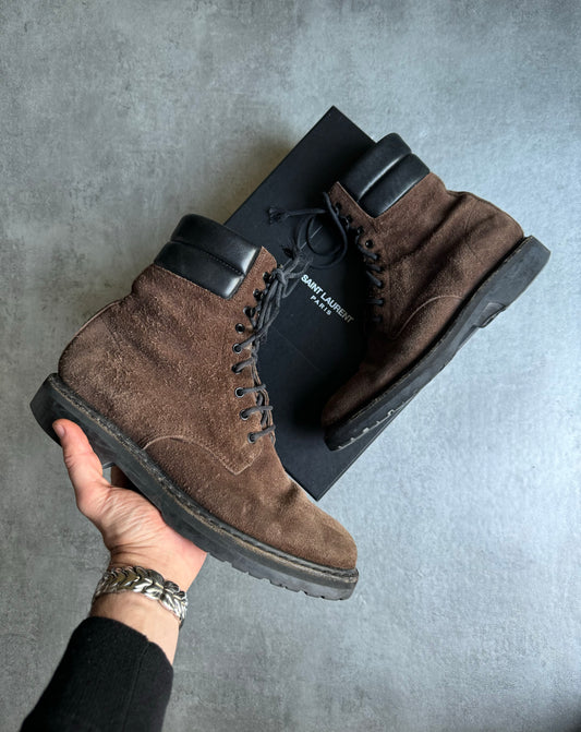 Saint Laurent Suede Appetite Trekker Brown High Leather Boots (45) - 1