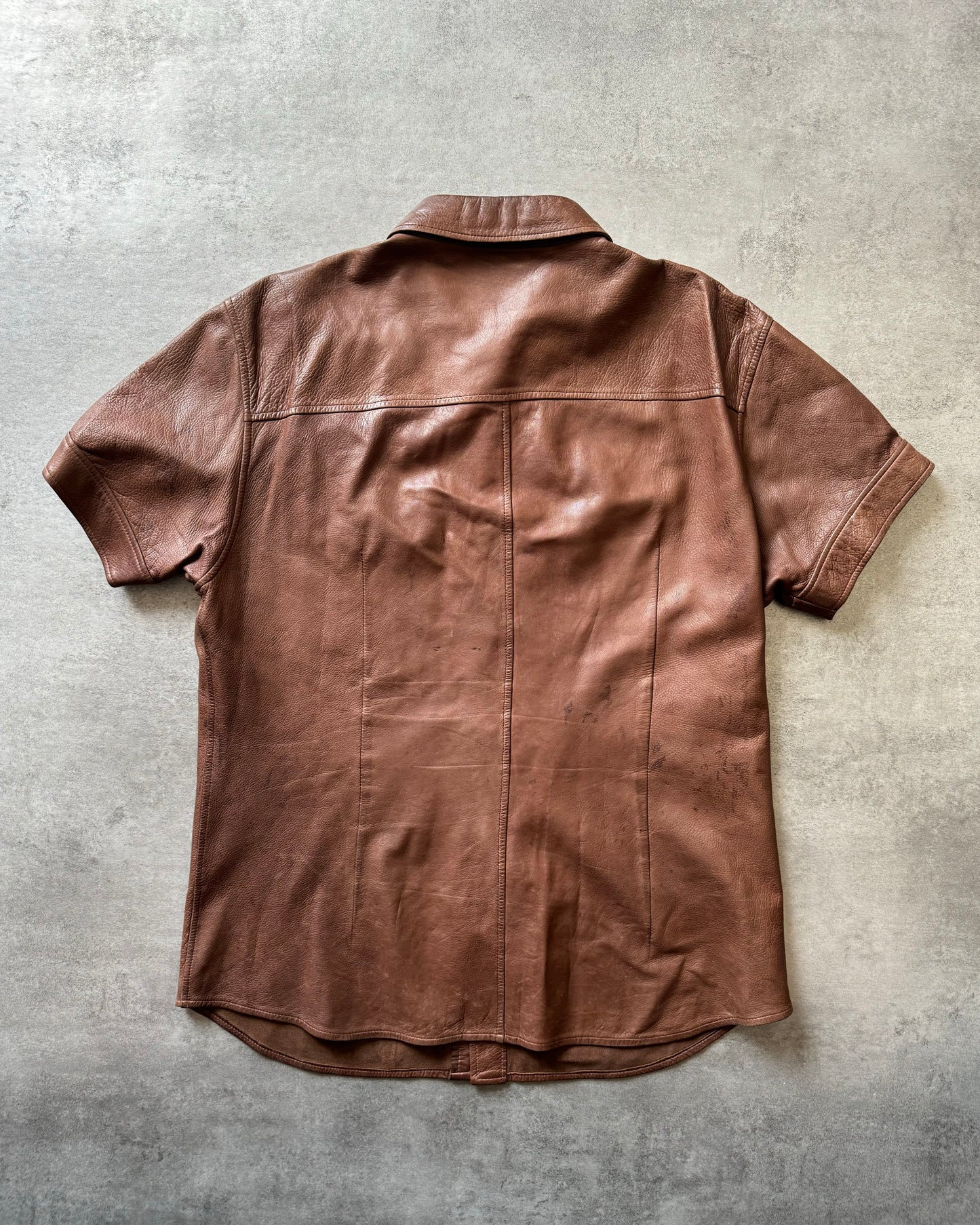 1990s Prada Brown Lamb Leather Short Sleeves Shirt  (M) - 3