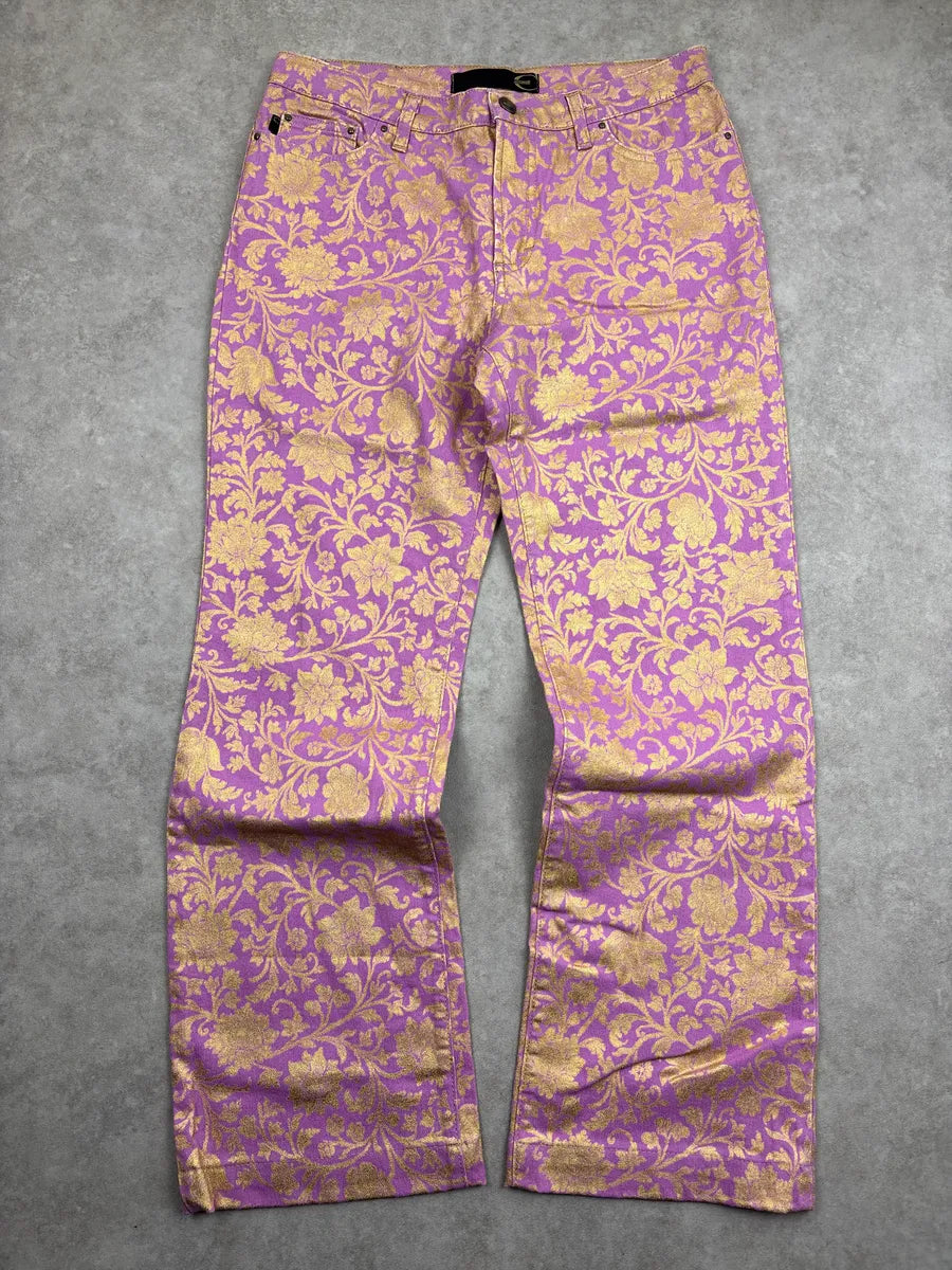 2000s Cavalli Lilac Denim Gold Floral Jacquard Straight Leg Pants iHmEdGPn 0