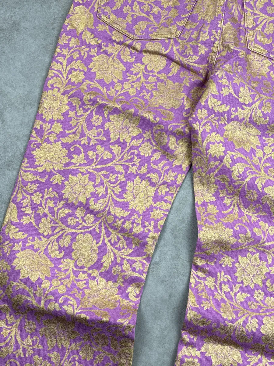 2000s Cavalli Lilac Denim Gold Floral Jacquard Straight Leg Pants iHmEdGPn 8