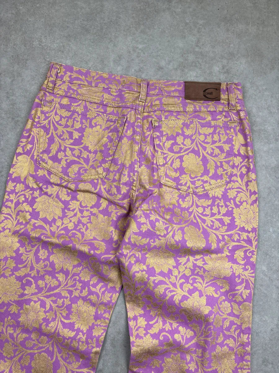 2000s Cavalli Lilac Denim Gold Floral Jacquard Straight Leg Pants iHmEdGPn 9