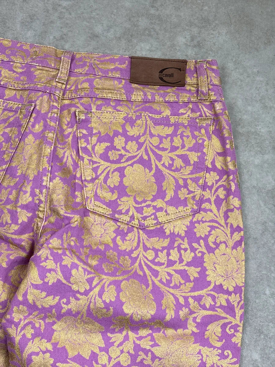 2000s Cavalli Lilac Denim Gold Floral Jacquard Straight Leg Pants iHmEdGPn 14