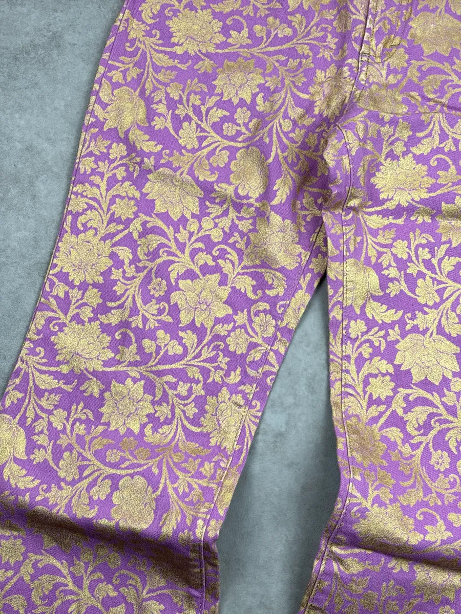 2000s Cavalli Lilac Denim Gold Floral Jacquard Straight Leg Pants iHmEdGPn 5