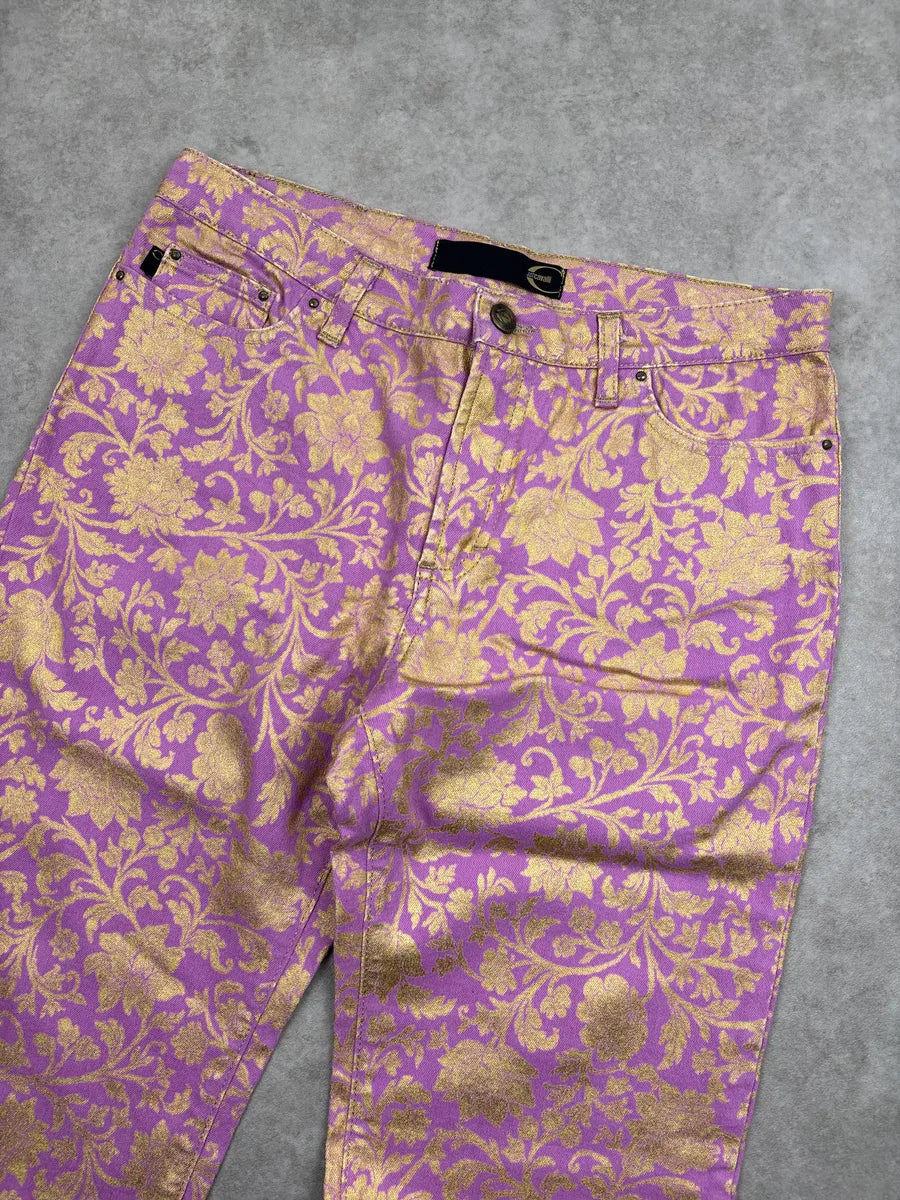 2000s Cavalli Lilac Denim Gold Floral Jacquard Straight Leg Pants iHmEdGPn 6