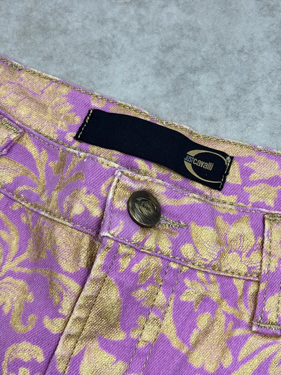 2000s Cavalli Lilac Denim Gold Floral Jacquard Straight Leg Pants iHmEdGPn 10