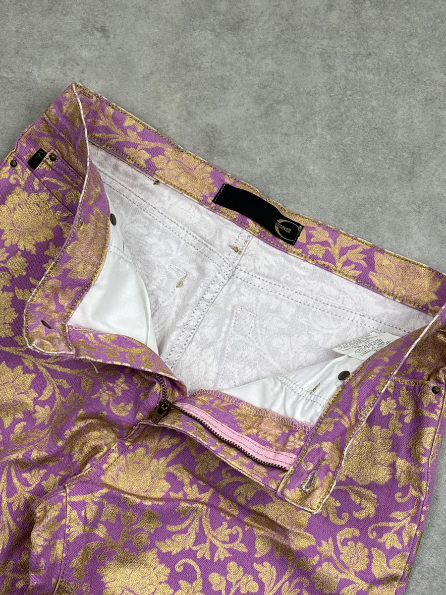 2000s Cavalli Lilac Denim Gold Floral Jacquard Straight Leg Pants iHmEdGPn 7