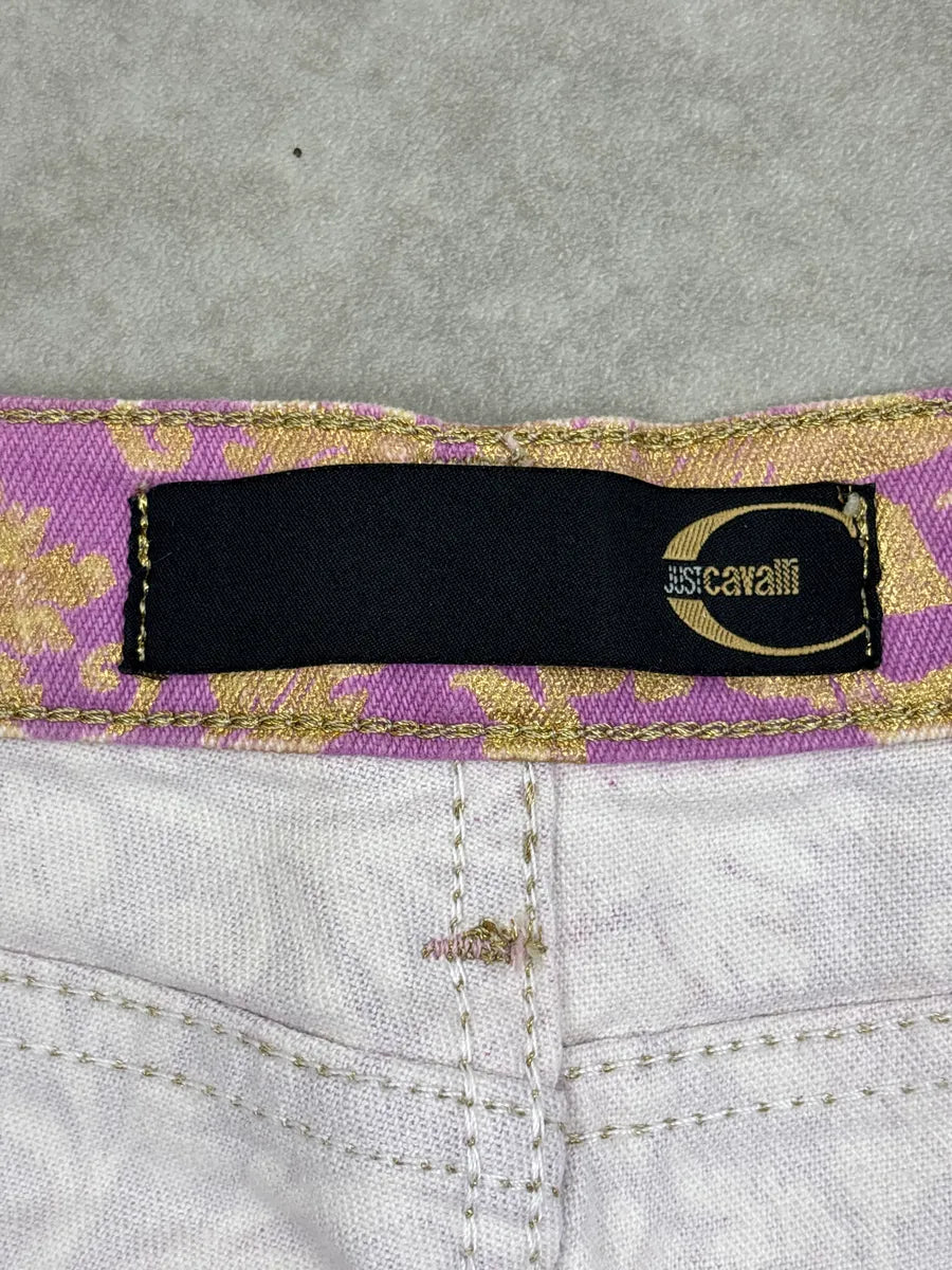 2000s Cavalli Lilac Denim Gold Floral Jacquard Straight Leg Pants iHmEdGPn 11