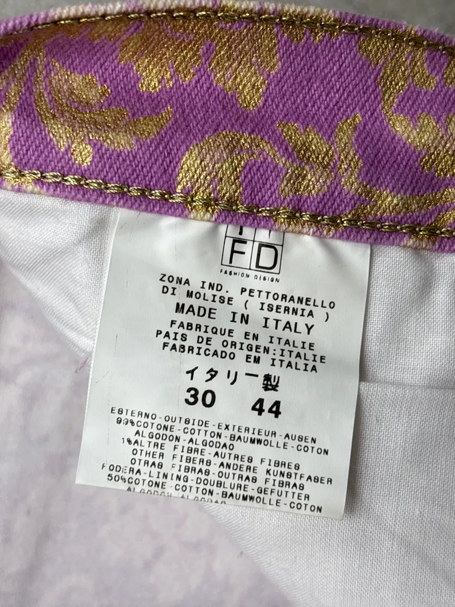 2000s Cavalli Lilac Denim Gold Floral Jacquard Straight Leg Pants iHmEdGPn 12