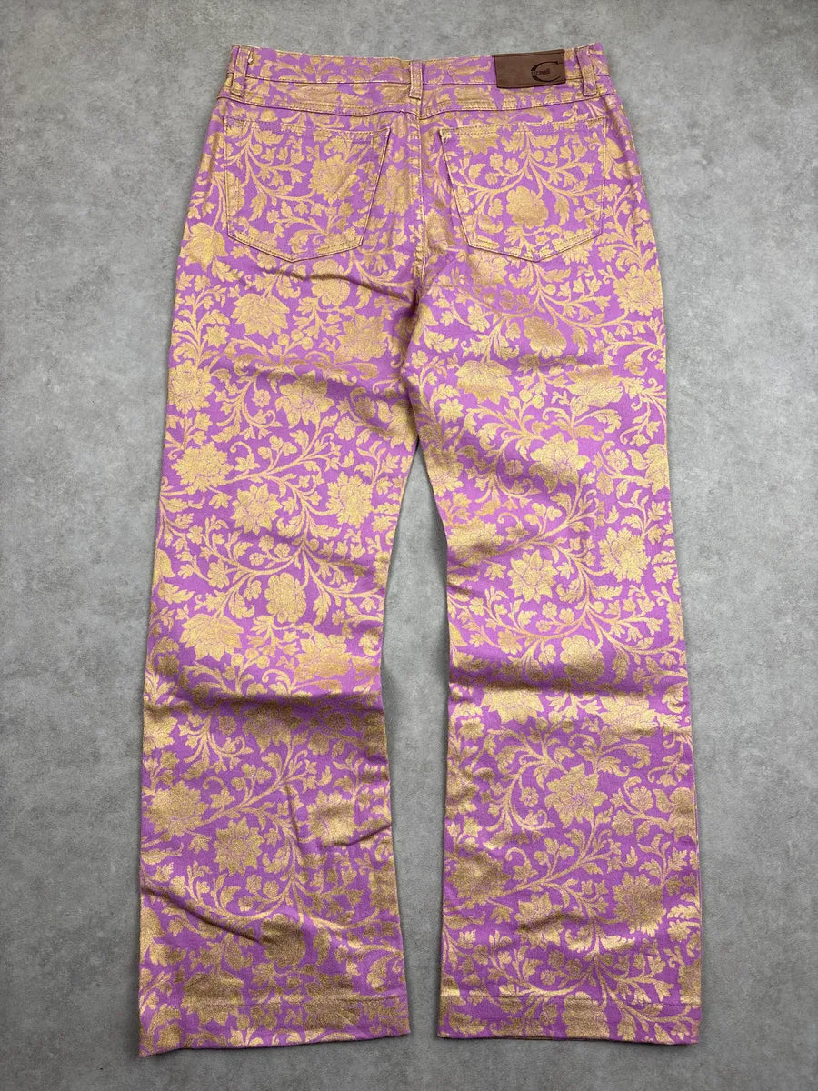 2000s Cavalli Lilac Denim Gold Floral Jacquard Straight Leg Pants iHmEdGPn 4