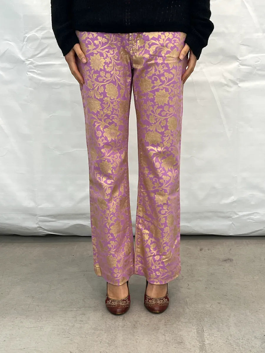 2000s Cavalli Lilac Denim Gold Floral Jacquard Straight Leg Pants iHmEdGPn 1