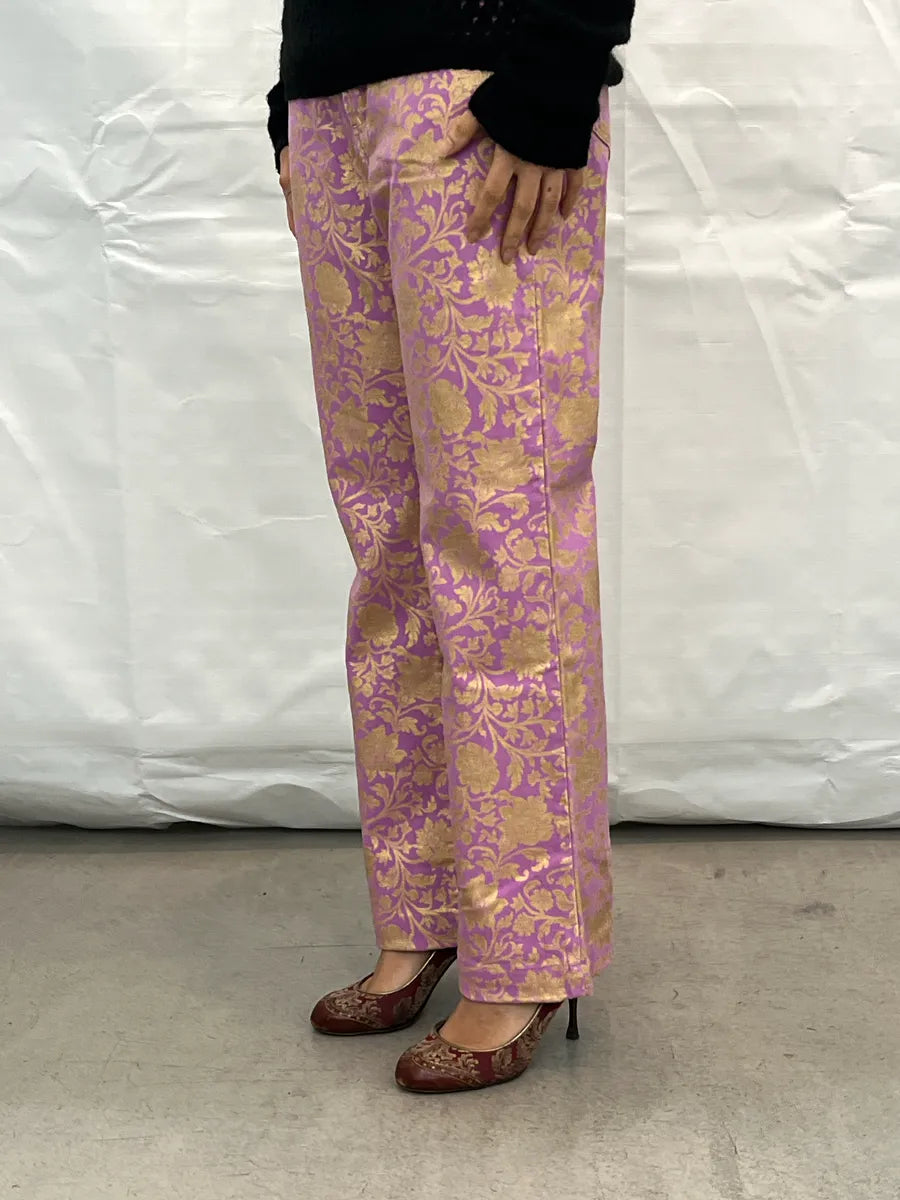 2000s Cavalli Lilac Denim Gold Floral Jacquard Straight Leg Pants iHmEdGPn 2