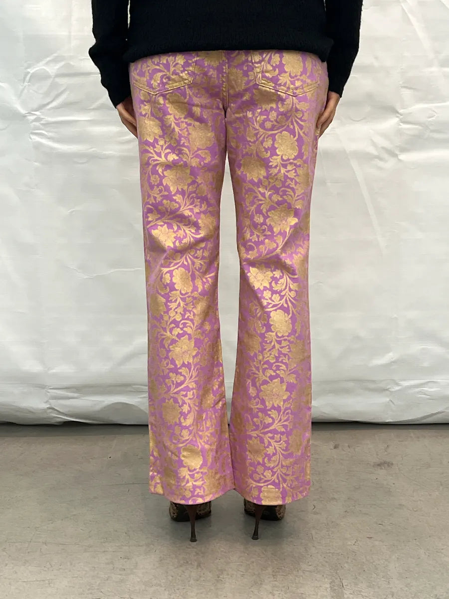 2000s Cavalli Lilac Denim Gold Floral Jacquard Straight Leg Pants iHmEdGPn 3