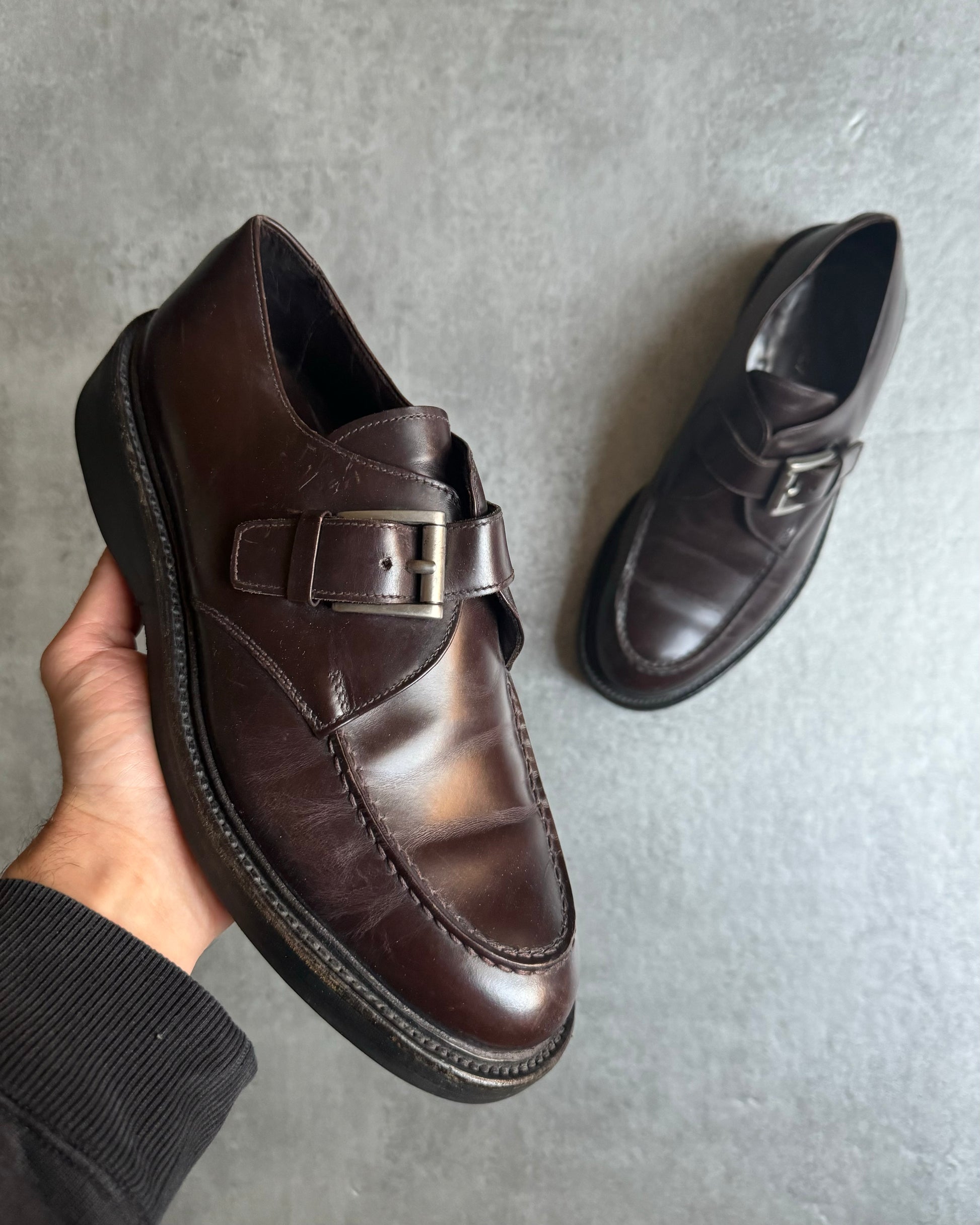 AW2016 Prada Brown Leather Monk Strap Buckle Shoes 42eu us8 5