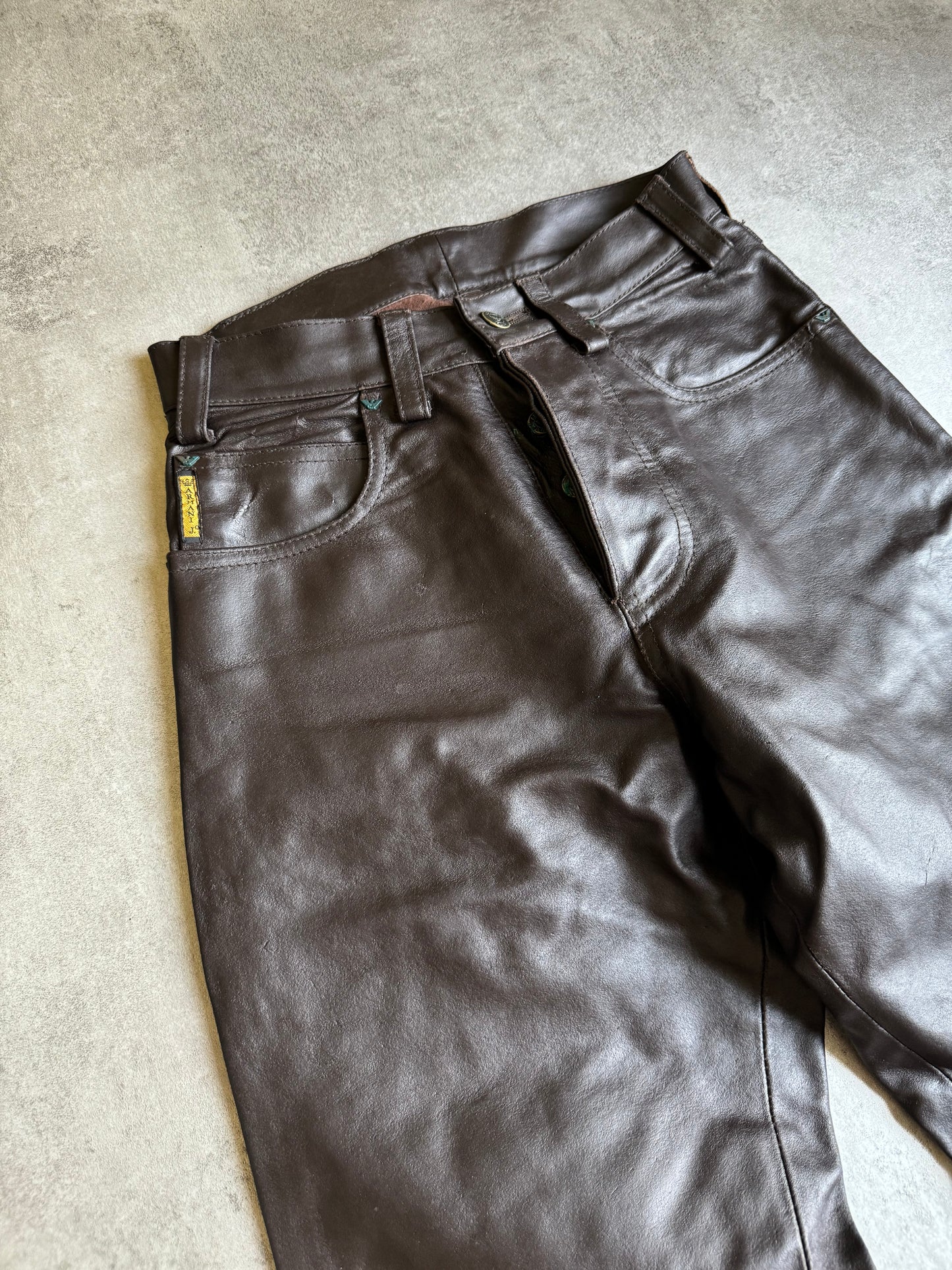 1990s Armani Brown Robust Leather Pants (XS) - 8