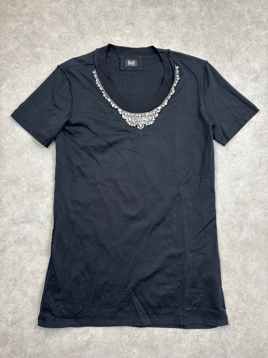 2000s Dolce & Gabbana Black Embellished Neckline T-Shirt iXdQrvRt 0