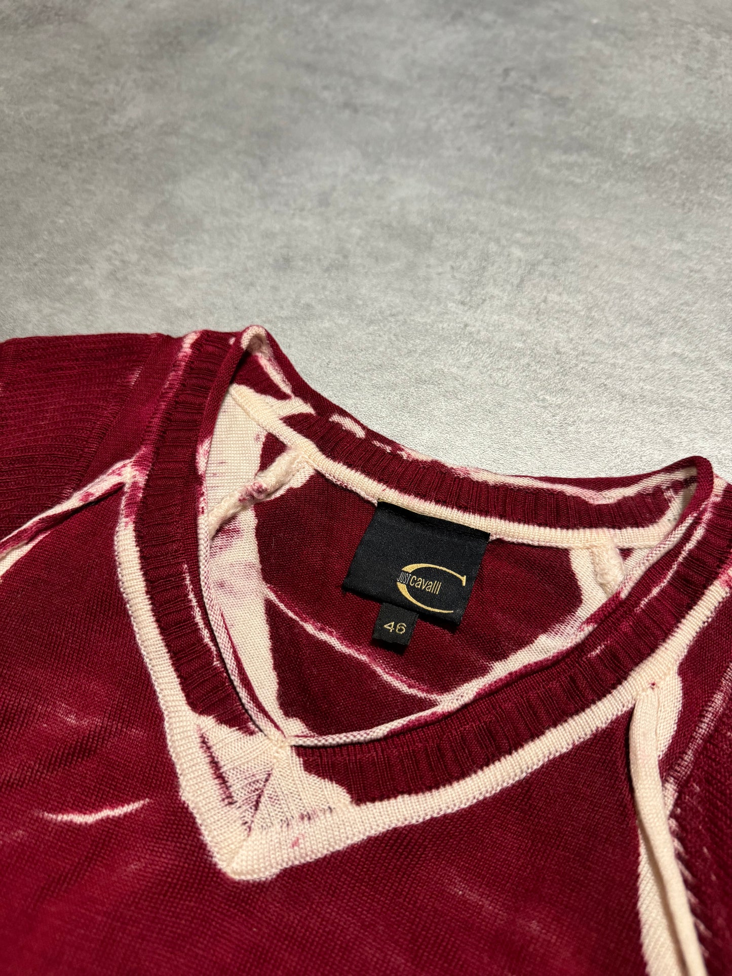 AW2007 Cavalli Bordeaux Overprint Wool V Sweater (S) - 9