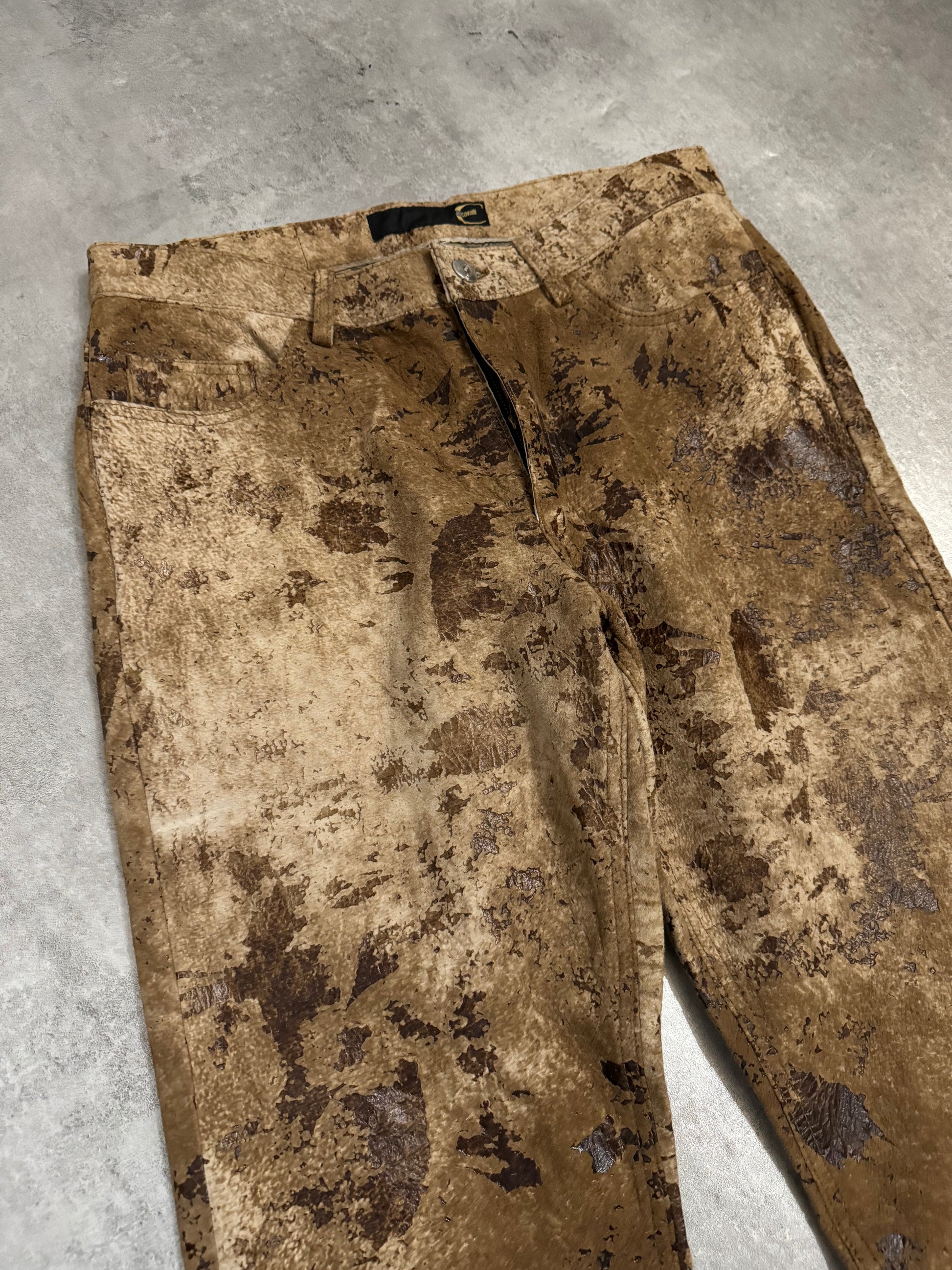 AW2004 Cavalli Textured Brown Eroded Camouflage Leather Pants (M) - 11