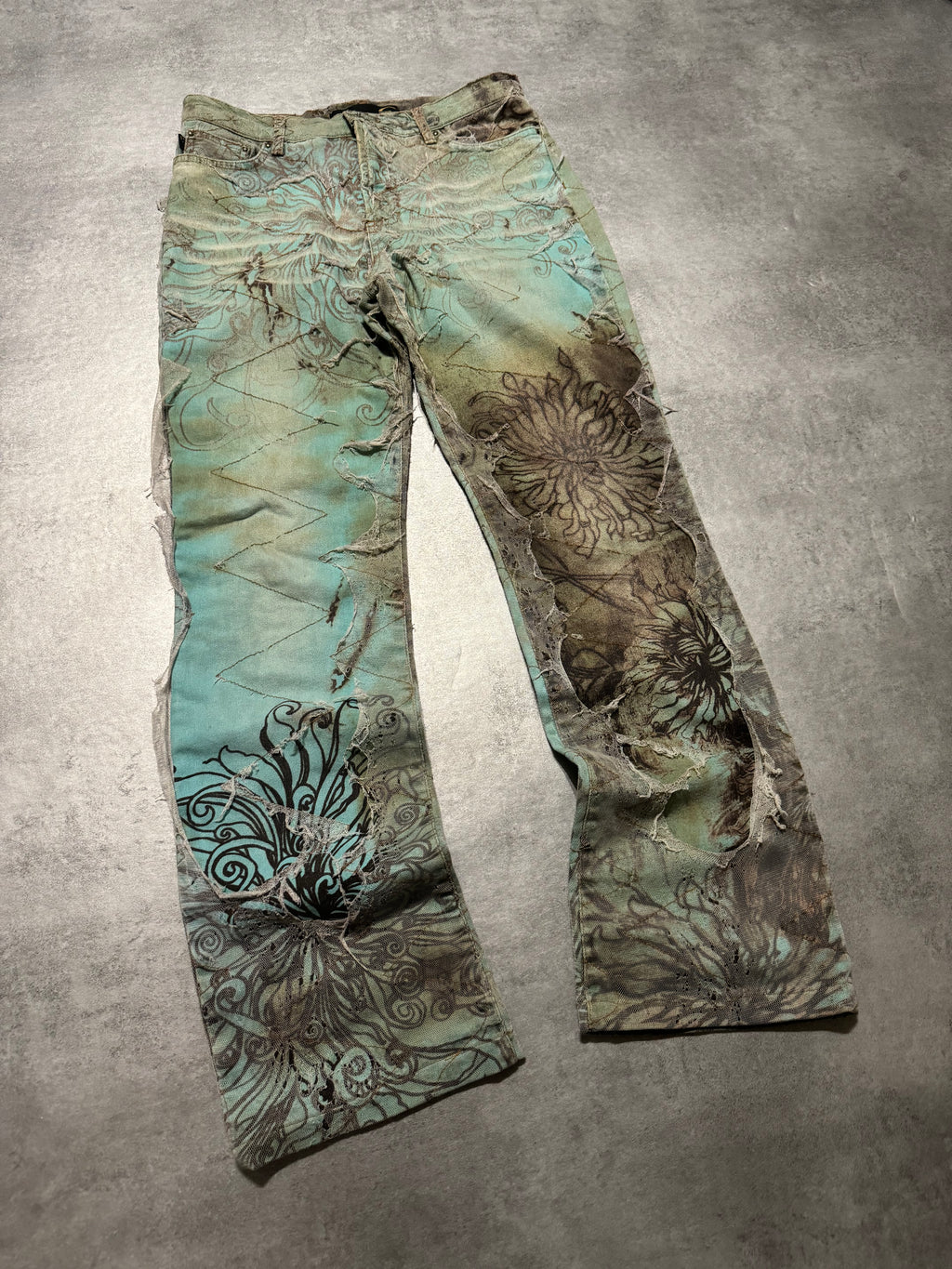 2000s Cavalli Destructured Artistic Floral Blue Pants (S) - 3