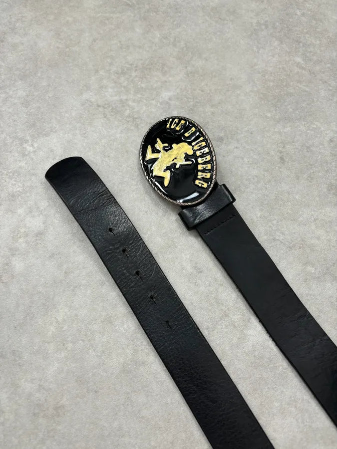 Iceberg Black Vintage Logo Buckle Leather Belt  VZULqfd 4