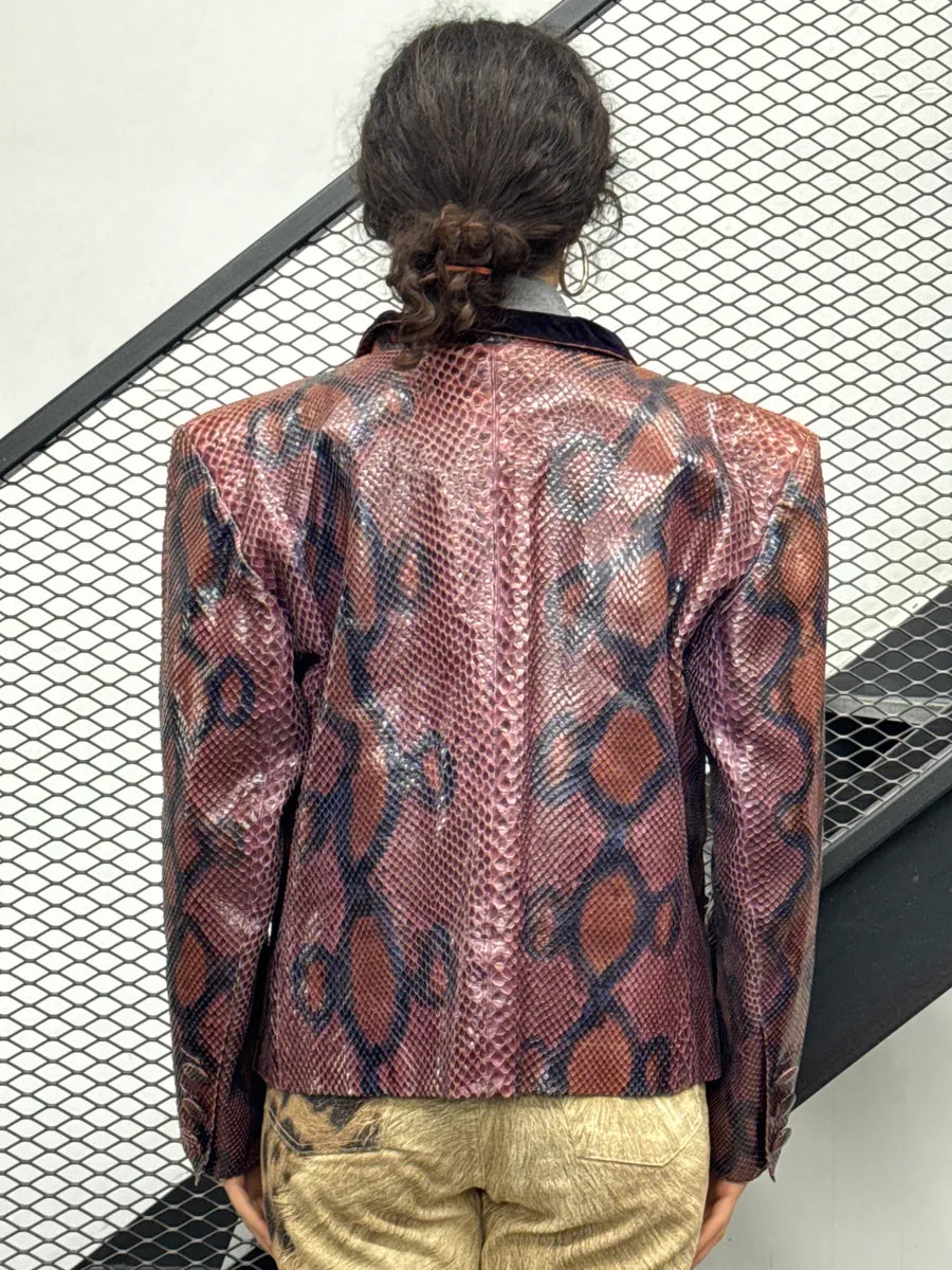 1970s Yves Saint Laurent Python Leather Velvet Collar Light Jacket igpjnNvh 2