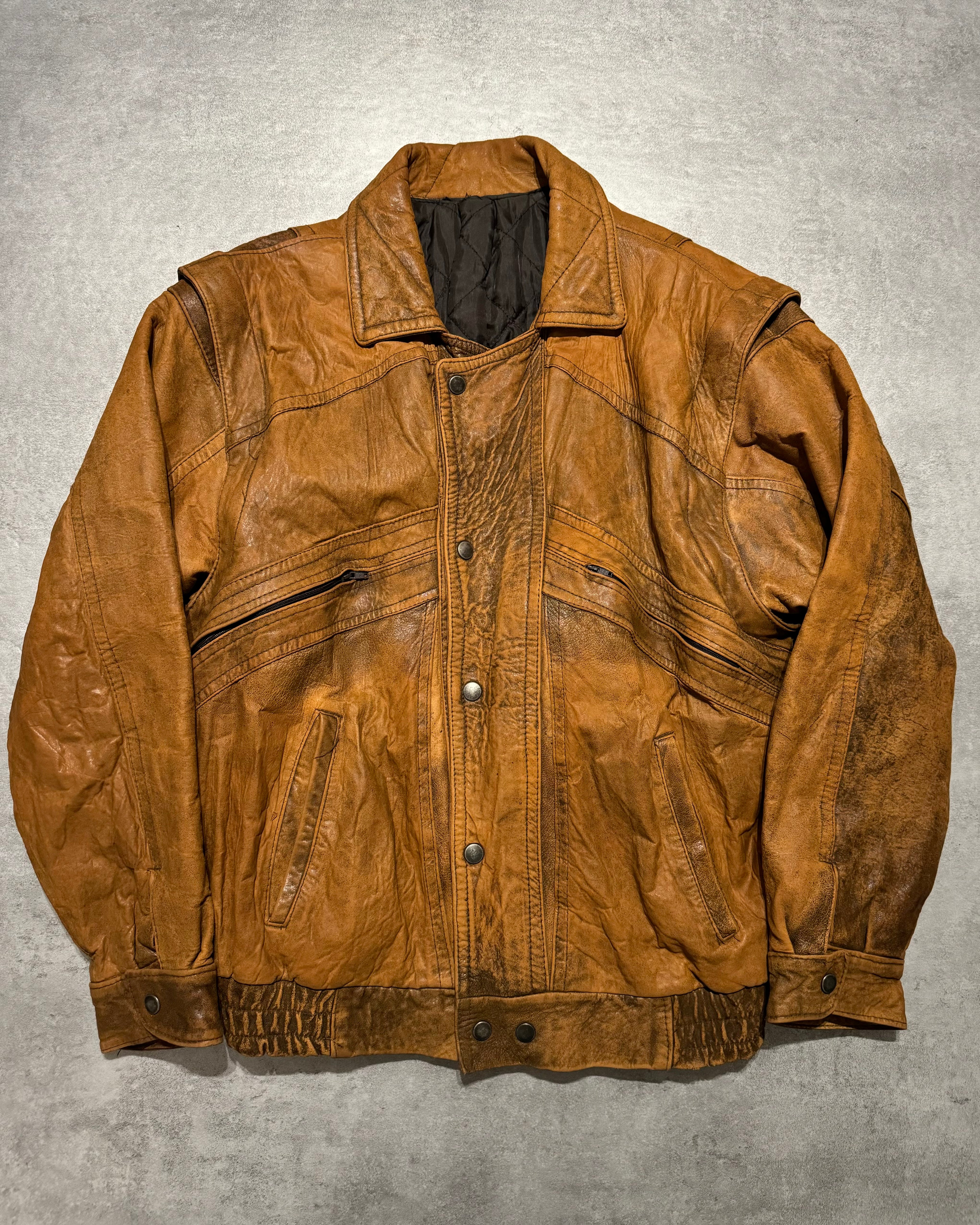 1990s Artisanal French Eroded Brown Leather Jacket with Detachable Sleeves (M) - 2