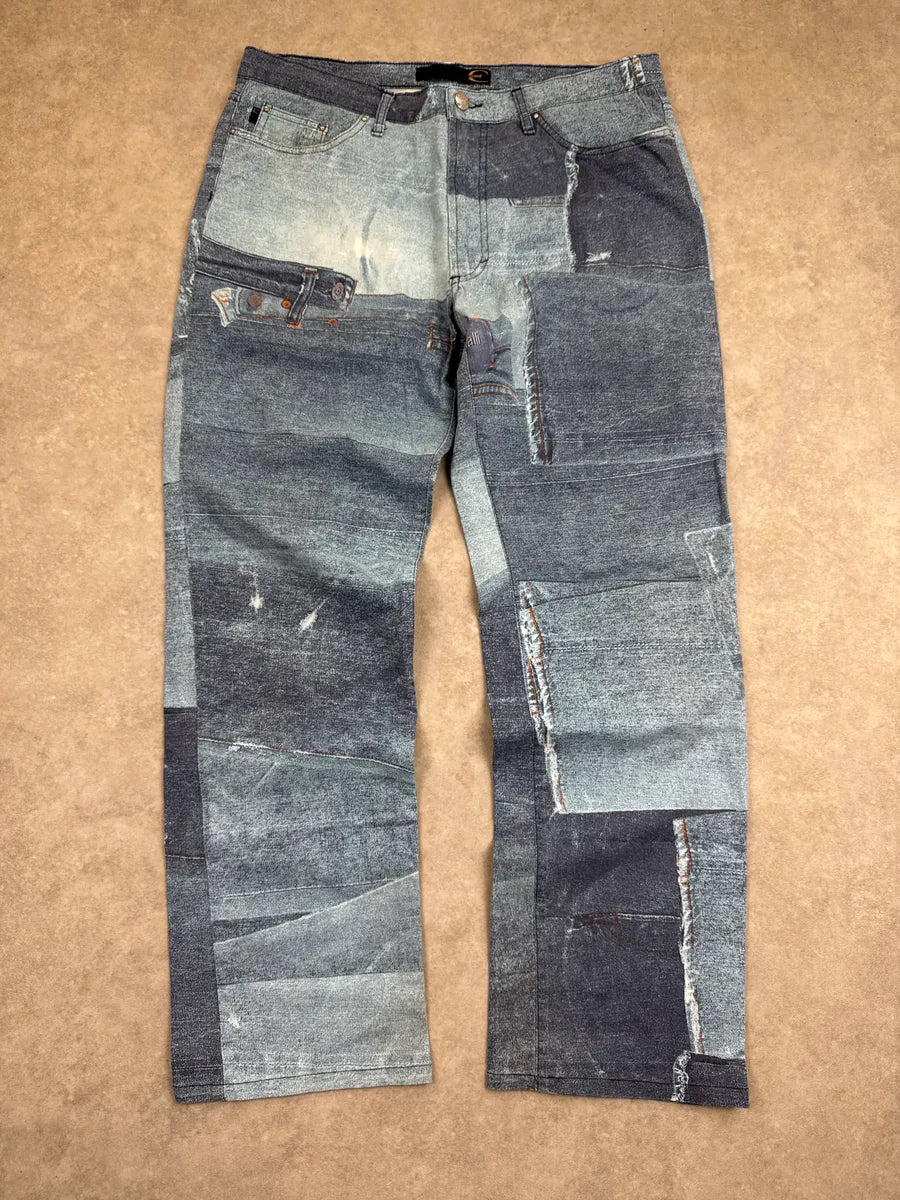 2000s Cavalli Blue Patchwork Trompe L'Oeil Denim Pants imQyiuoQ 3