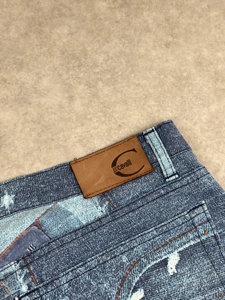 2000s Cavalli Blue Patchwork Trompe L'Oeil Denim Pants imQyiuoQ 13
