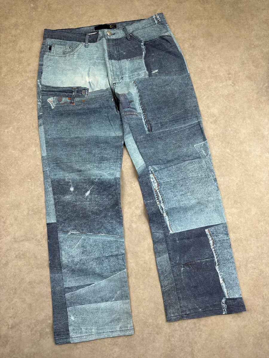 2000s Cavalli Blue Patchwork Trompe L'Oeil Denim Pants imQyiuoQ 4