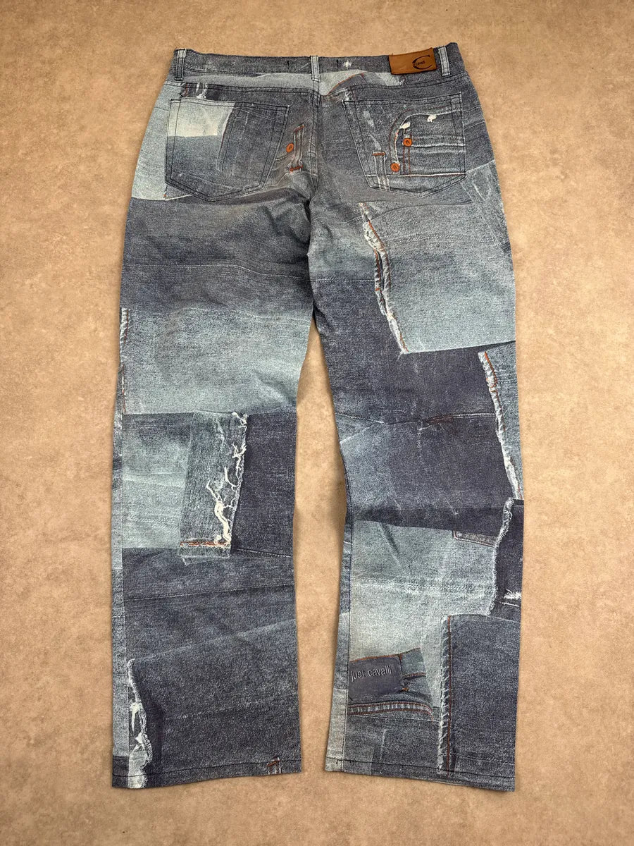 2000s Cavalli Blue Patchwork Trompe L'Oeil Denim Pants imQyiuoQ 5
