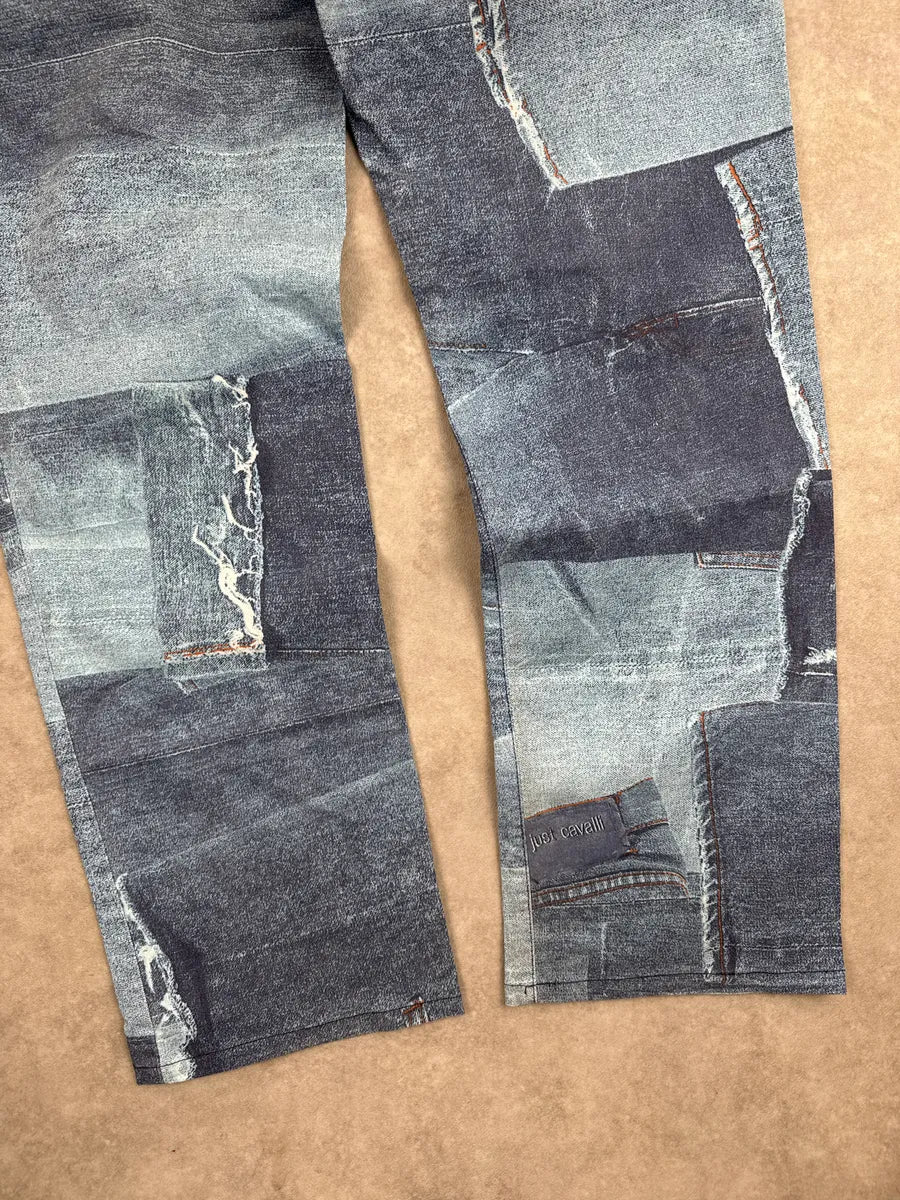 2000s Cavalli Blue Patchwork Trompe L'Oeil Denim Pants imQyiuoQ 9