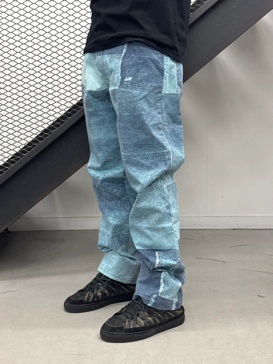 2000s Cavalli Blue Patchwork Trompe L'Oeil Denim Pants imQyiuoQ 1