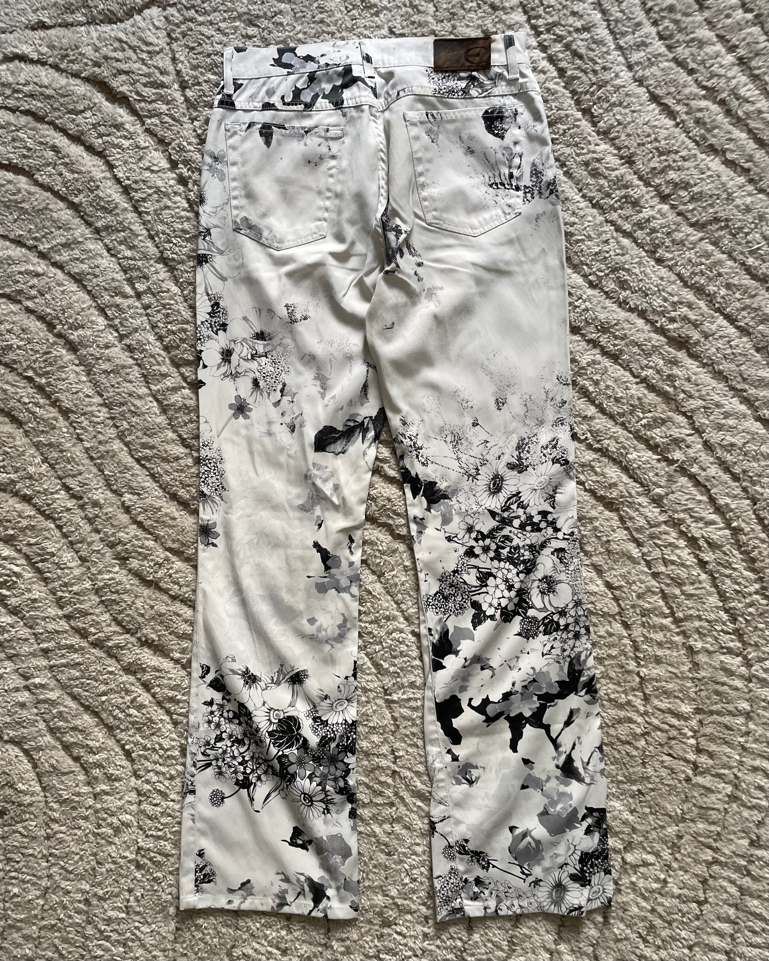 2000s Cavalli ブラック &amp; ホワイト フローラル フェード ペイント パンツ (XS)
