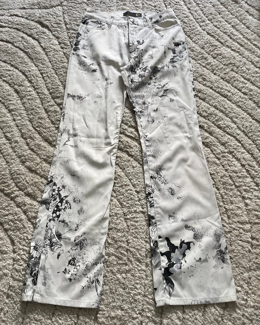 2000s Cavalli Black & White floral Faded Paint Pants (XS)