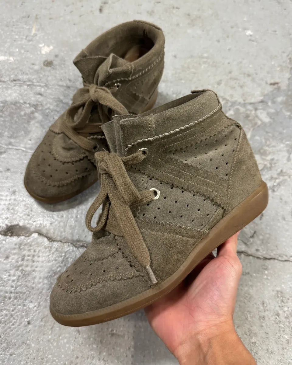 Isabel Marant Bobby Suede Leather Brown Olive High Heel Sneakers (38eu/us5.5) 0