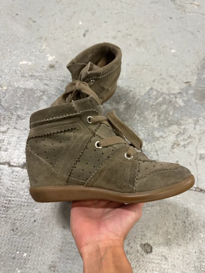 Isabel Marant Bobby Suede Leather Brown Olive High Heel Sneakers (38eu/us5.5) 2