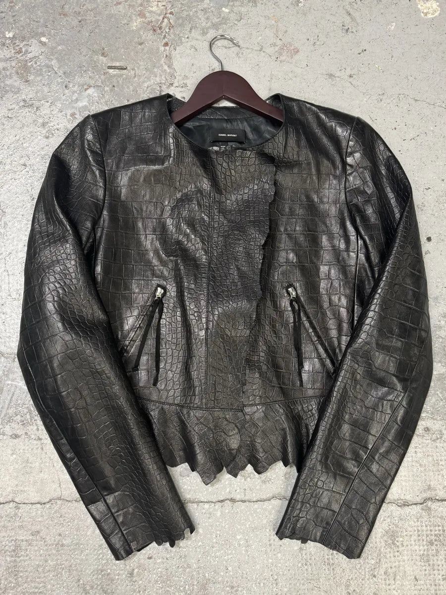 Isabel Marant Destructured Black Sheepskin Leather Crocodile Effect Jacket (S/M) TTSydQd 0