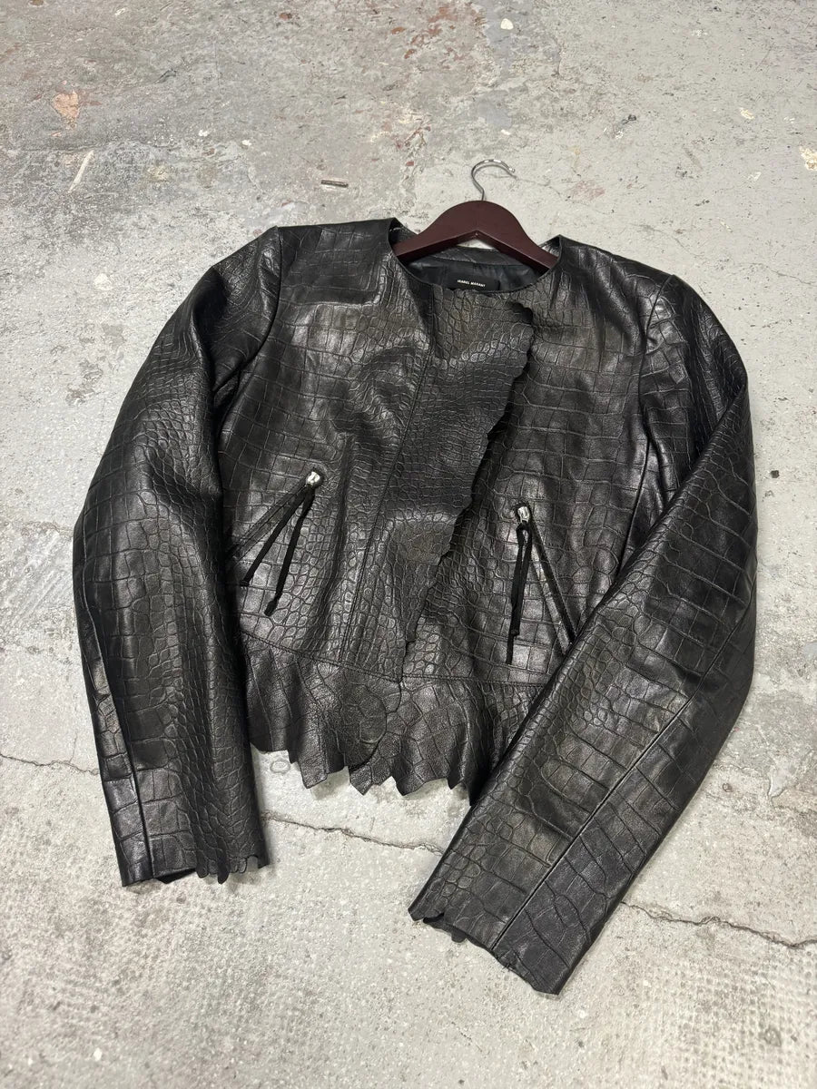 Isabel Marant Destructured Black Sheepskin Leather Crocodile Effect Jacket (S/M) TTSydQd 3