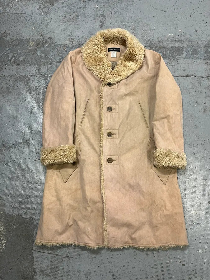 Issey Miyake Beige Suede Fur-Trimmed Long Coat RRpuQXv 0