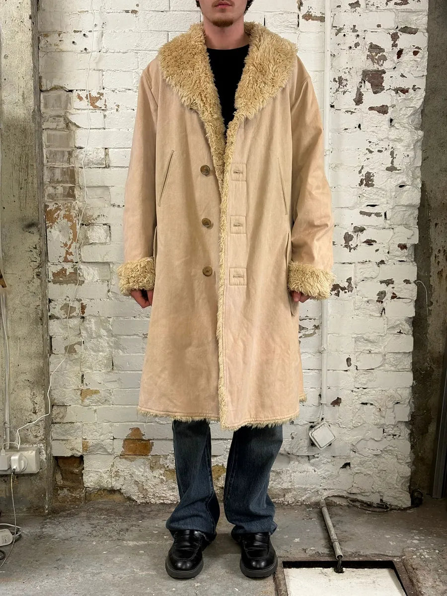 Issey Miyake Beige Suede Fur-Trimmed Long Coat RRpuQXv 1