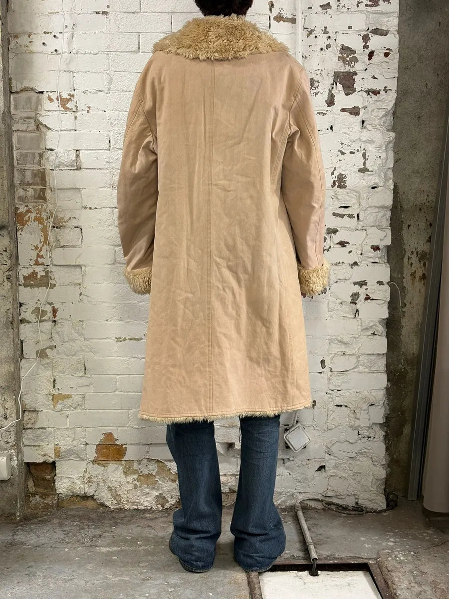 Issey Miyake Beige Suede Fur-Trimmed Long Coat RRpuQXv 2