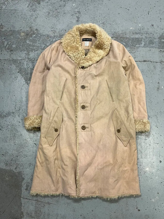 Issey Miyake Beige Suede Fur-Trimmed Long Coat RRpuQXv 3