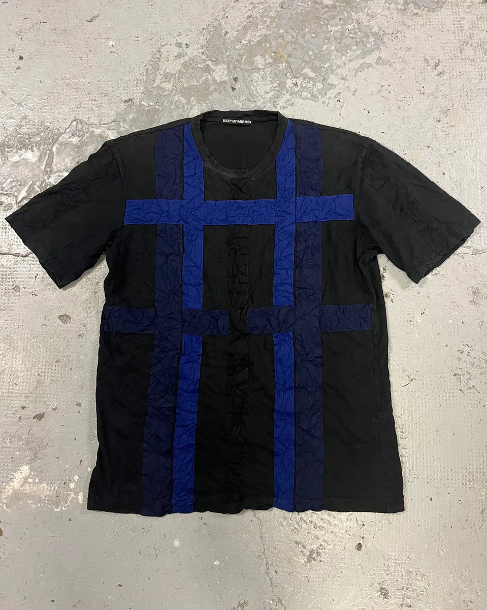 Issey Miyake Black & Blue Stripes Textured Tee-Shirt (S/M) GoxwOrs 0