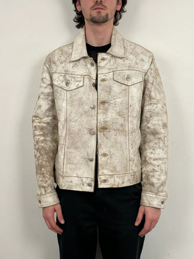 Italian Archive White Eroded Leather Trucker Jacket NMltIFS 1