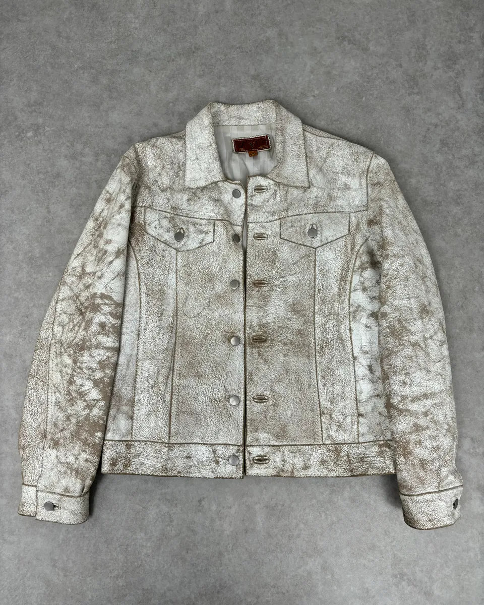 Italian Archive White Eroded Leather Trucker Jacket NMltIFS 0