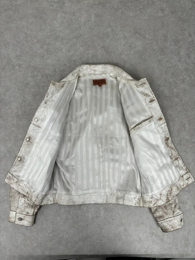 Italian Archive White Eroded Leather Trucker Jacket NMltIFS 6