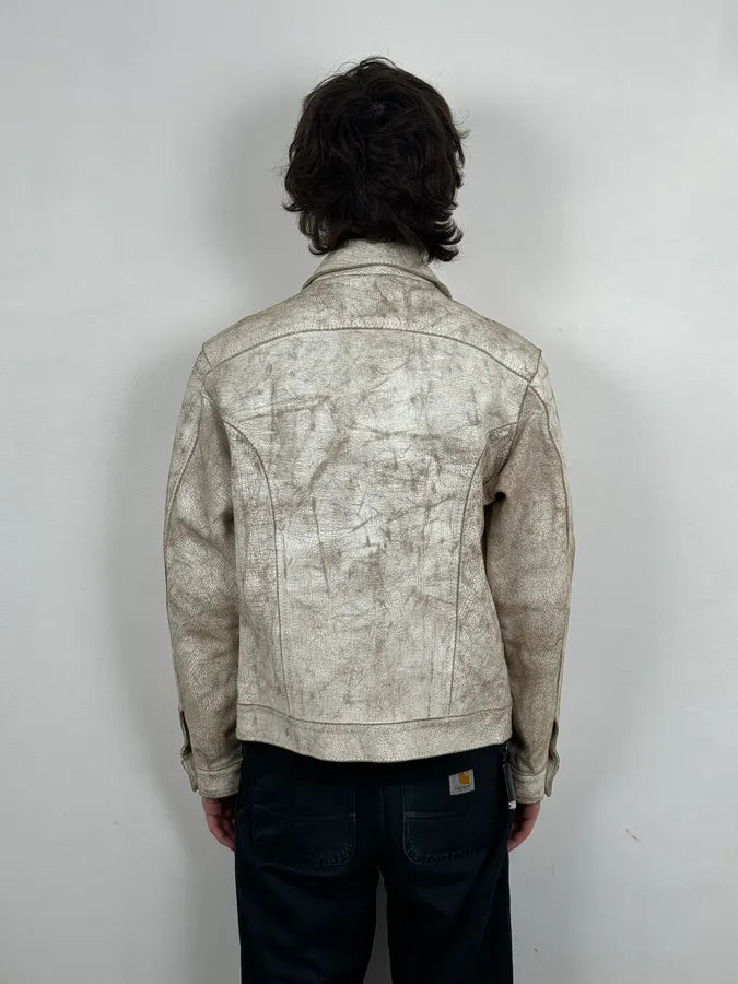 Italian Archive White Eroded Leather Trucker Jacket NMltIFS 2