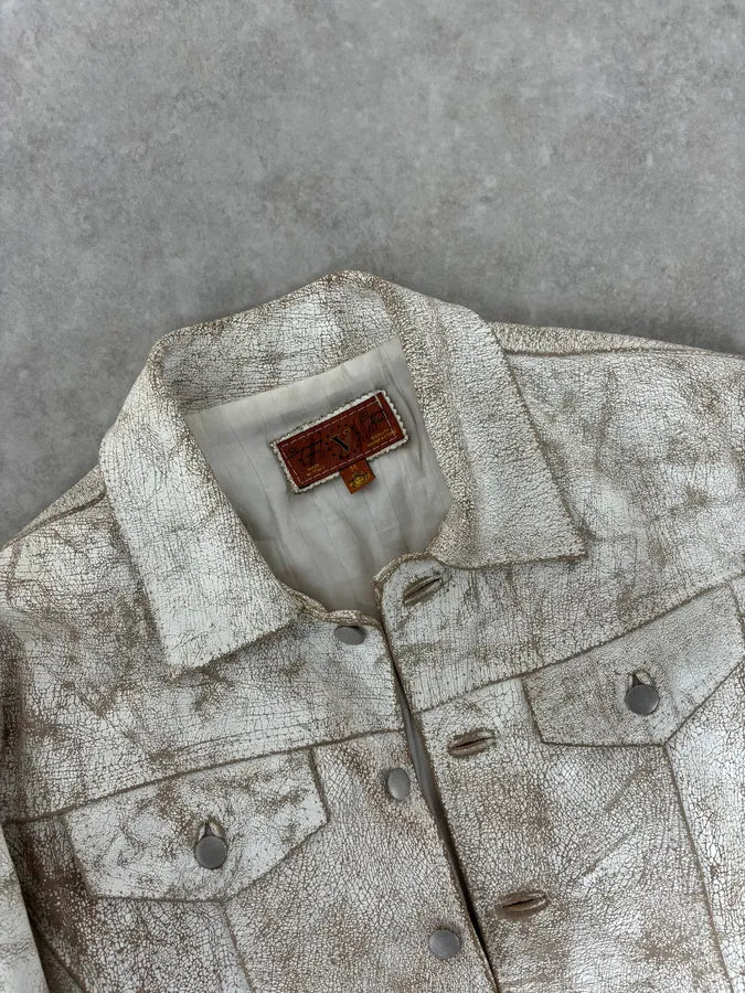 Italian Archive White Eroded Leather Trucker Jacket NMltIFS 3